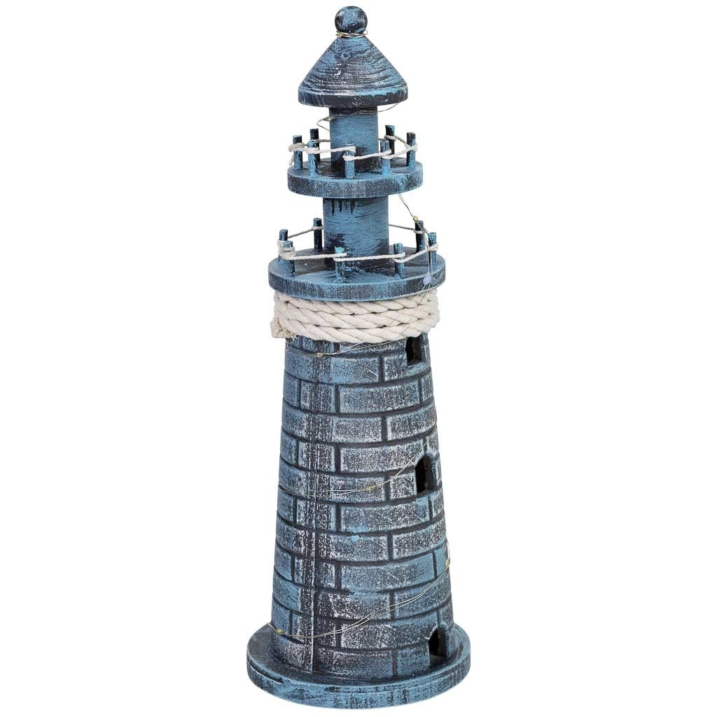 Figura decorativa a forma di faro in legno con LED blu 10,5x10,5x32h cm