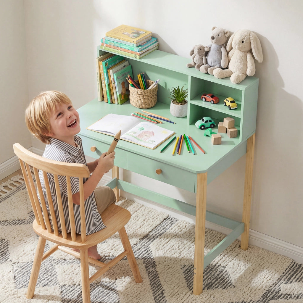 Scrivania per Bambini 5-12 Ani con 3 Ripiani e 2 Cassetti, in Legno, 90x52x105 cm, Verde