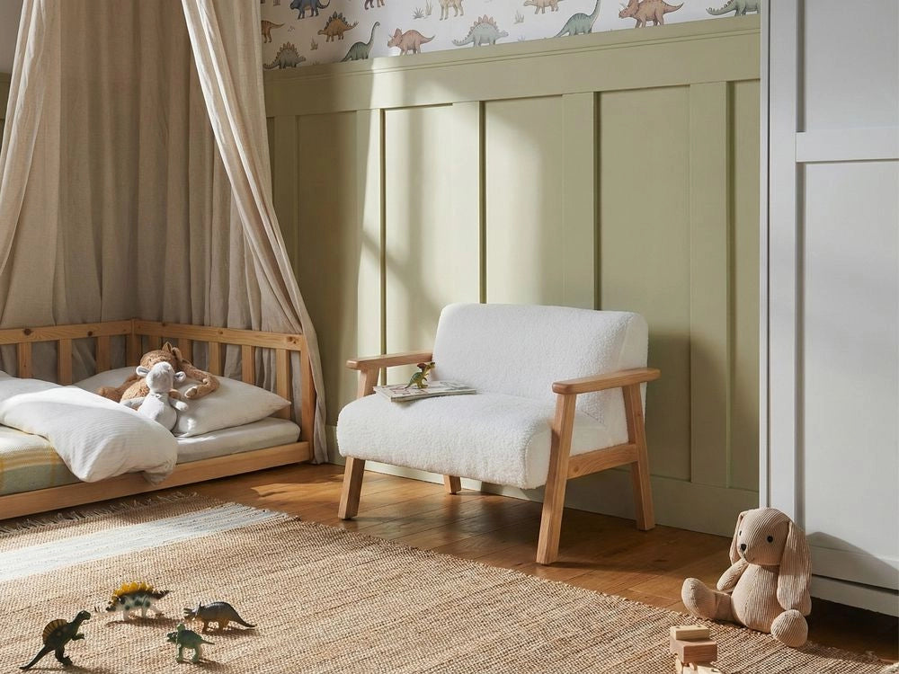 Divano per bambini bianco bouclé imbottito con braccioli Divano moderno a 1 posto per bambini piccoli