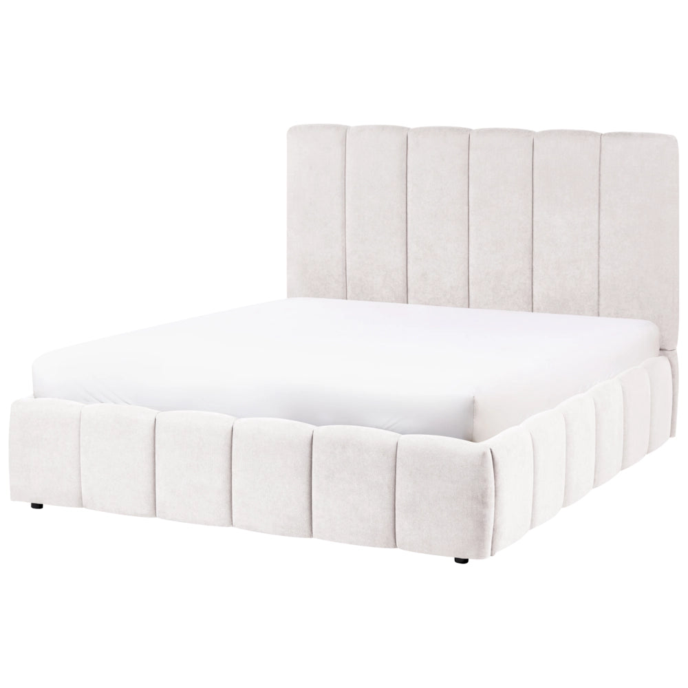 Letto matrimoniale contenitore con trapuntatura verticale in tessuto bianco sporco 140x200 cm struttura sollevabile e testiera alta