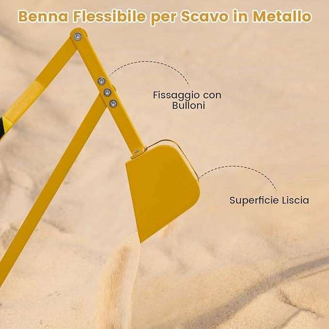 Escavatore per Bambini, Scavatore per Sabbiera con Comandi a 2 Mani e Pala Flessibile, Sedile Rotante a 360°, 4 Ruote, Ideale per Bambini 3 Anni+ (con Ruote Giallo)