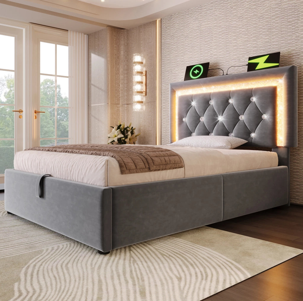 Letto singolo 90x200 cm con materasso, LED, USB-C e contenitore