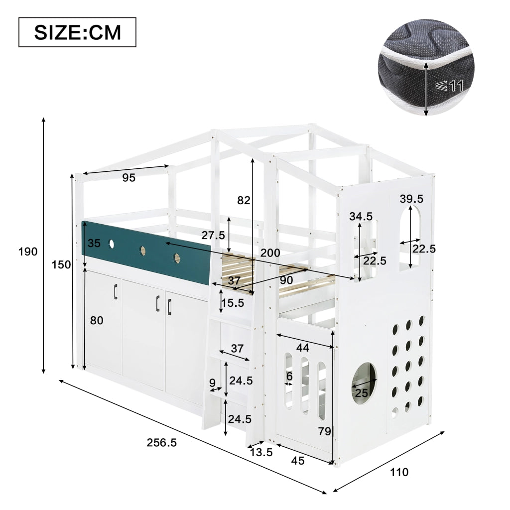 Letto a Soppalco 90 x 200 cm - Casetta; Armadio Contenitore e Scala - Bianco