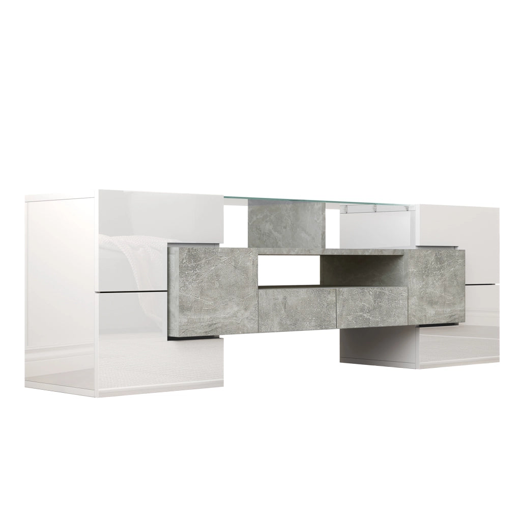 Mobile TV moderno bianco lucido con LED, 145 cm, 6 ante, 2 cassetti e 3 vani