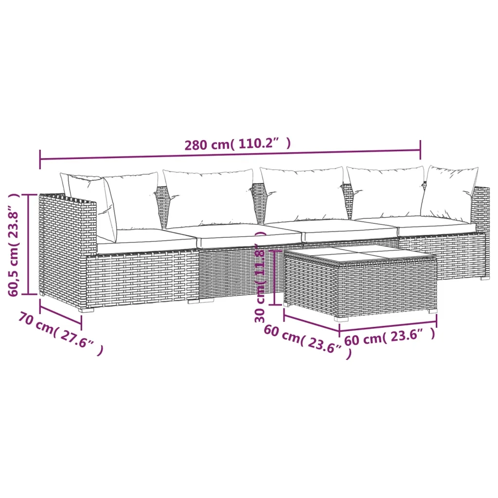 Set Divani da Giardino 5 pz con Cuscini in Polyrattan Nero cod mxl 35413