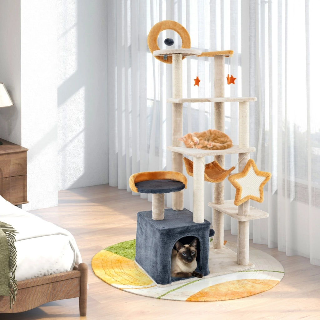 Torre per gatti multi-livello con pali e tavole da graffio in sisal, Albero per gatti da interno da 160 cm