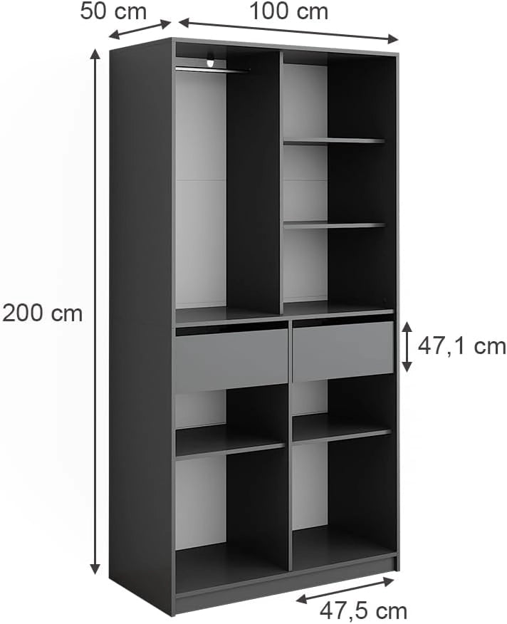 Armadio Elmo, Antracite, 100 x 200 cm con 2 cassetti, per una conservazione flessibile di diversi capi di abbigliamento