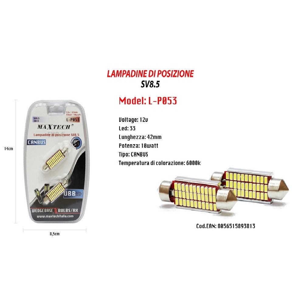 Trade Shop - 2 Coppie Lampadine Posizione Sv8.5 Canbus Maxtech L-p053 12v 42mm 33led 10w 6000k -