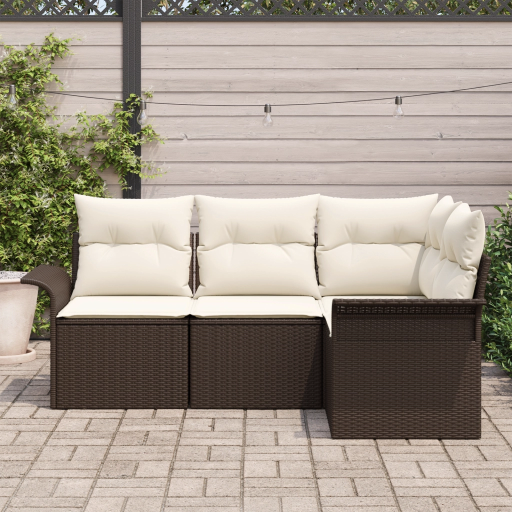 Set Divano da Giardino 4 Pezzi con Cuscini Marrone Polyrattan