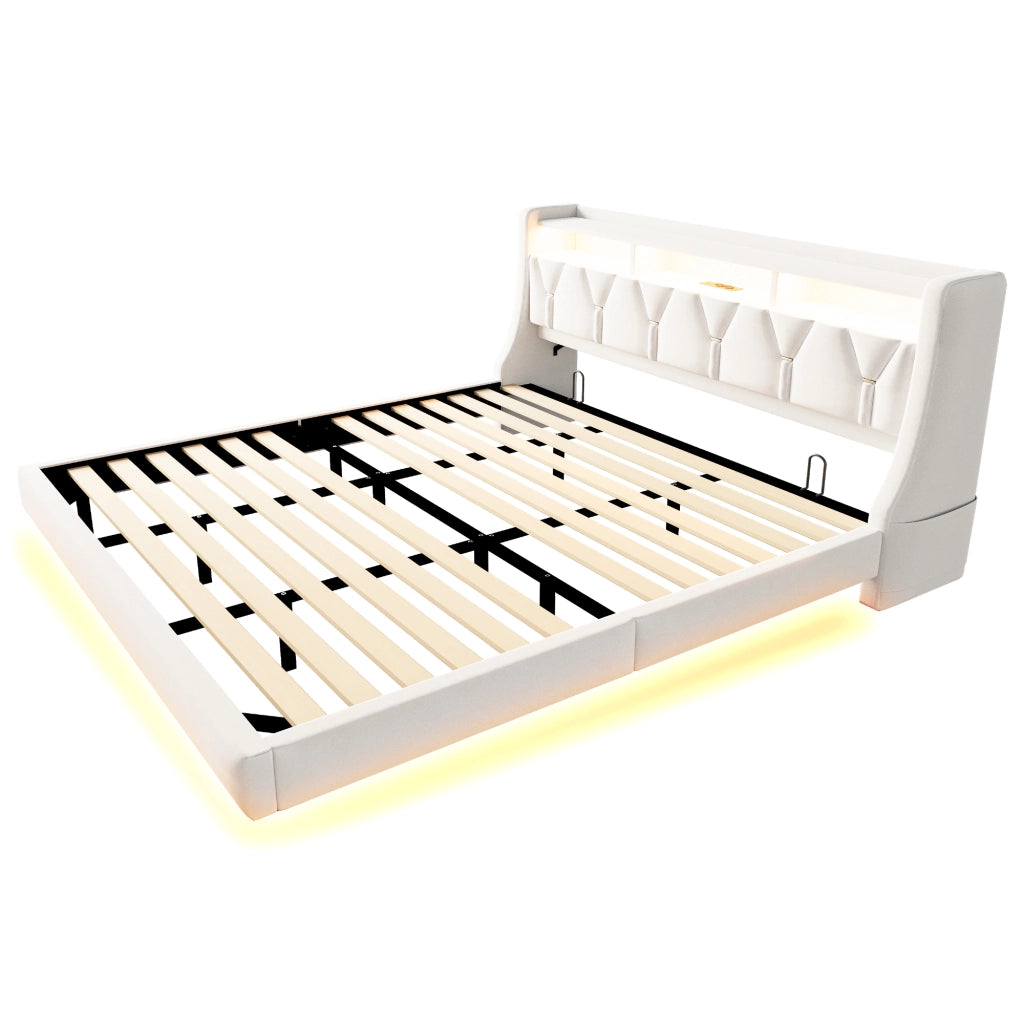 Letto imbottito 180x200 cm con testiera ribaltabile; presa USB e Type-C; LED; velluto beige