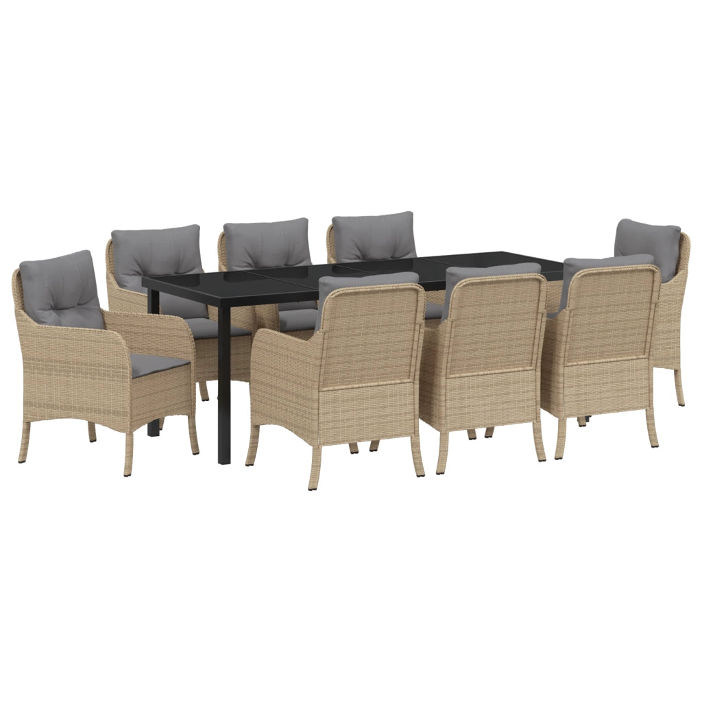 Set di Pranzo da Giardino 9 Pezzi con Cuscini Beige Polyrattan