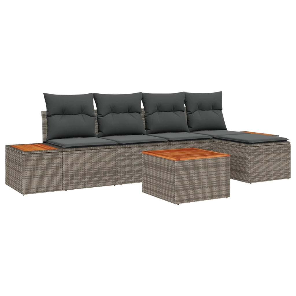 Set di Divani da Giardino in 6 pezzi con Cuscini Grigi in Polyrattan e Acacia