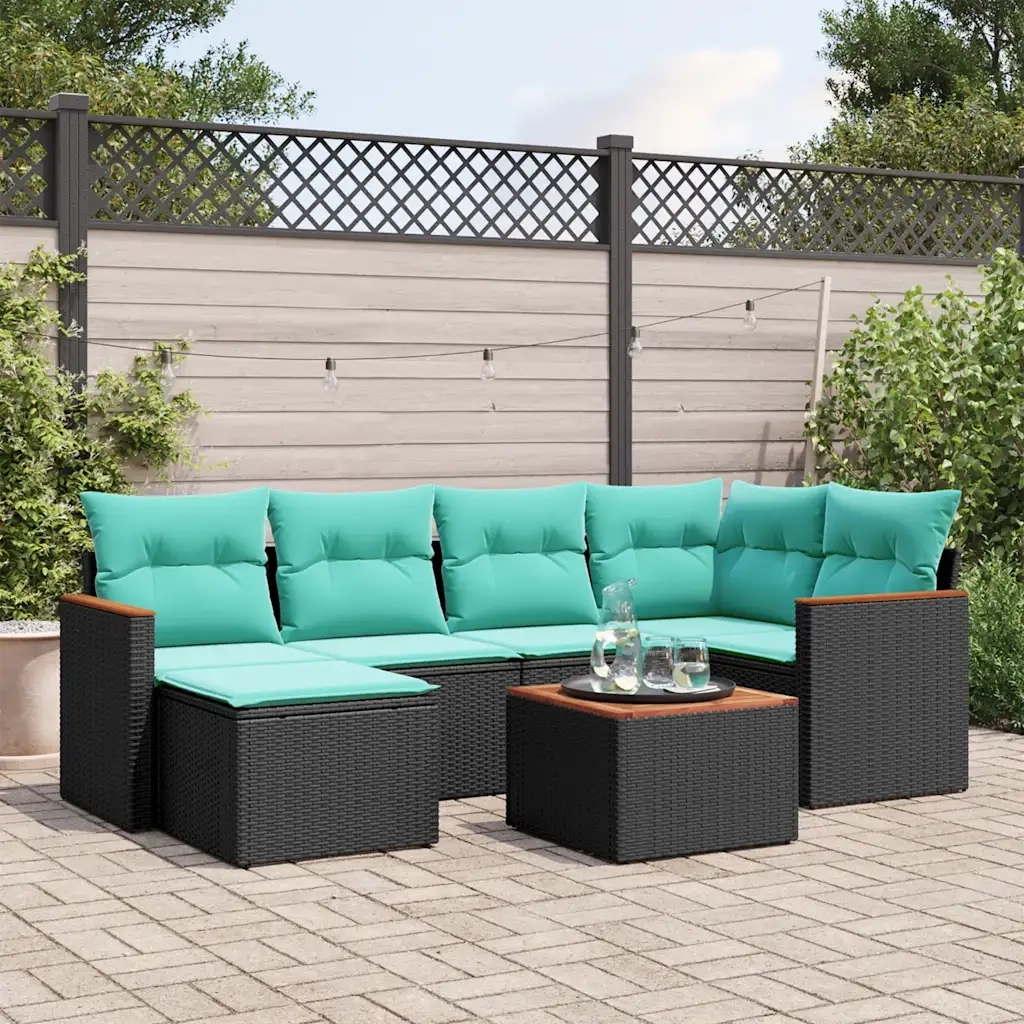 Set Divani da Giardino 7 pz con Cuscini Nero in Polyrattan 3226183