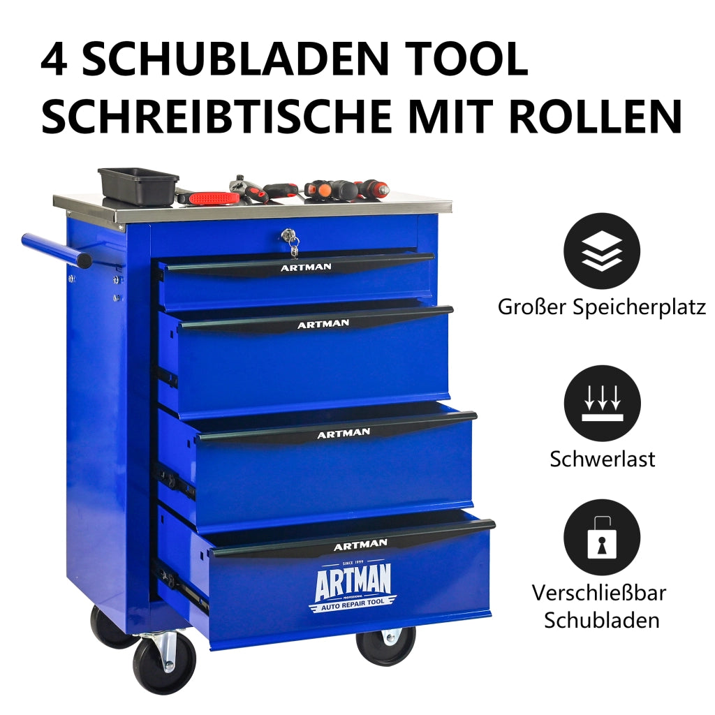 CARRELLO DA OFFICINA 4 Cassetti 62,5x34,5x78 cm Acciaio Nero/Blu