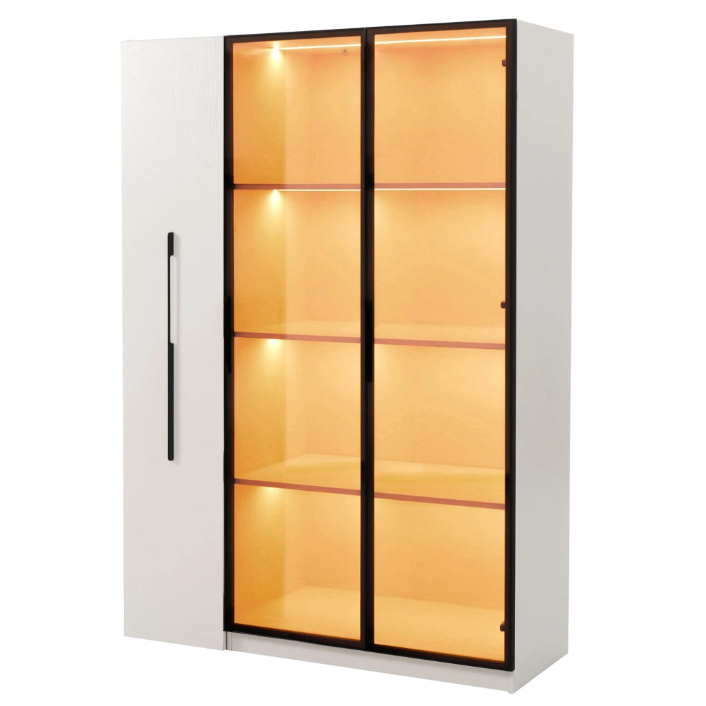 Vetrina LED in MDF 110,5x35x160 cm con anta in vetro colorato e vano laterale estraibile, bianca