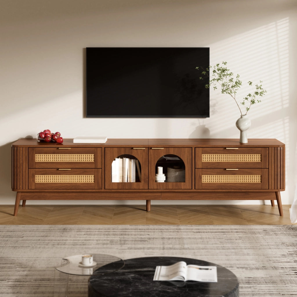 Mobile TV 180x40x50 cm con illuminazione LED controllabile via app; vetro di sicurezza; pannello truciolare; noce
