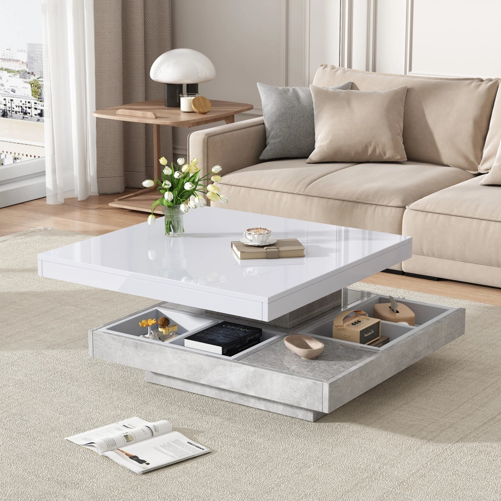 TAVOLINO DA SALOTTO Doppio piano girevole 360° 70x70x36 cm Bianco/effetto marmo