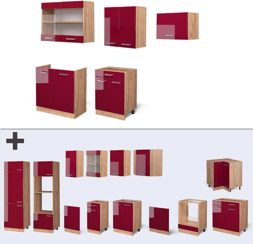 Cucina componibile R-Line, Rosso lucido/rovere dorato, 200 cm, PL Antracite, adatto per l'espansione personalizzata tramite moduli aggiuntivi