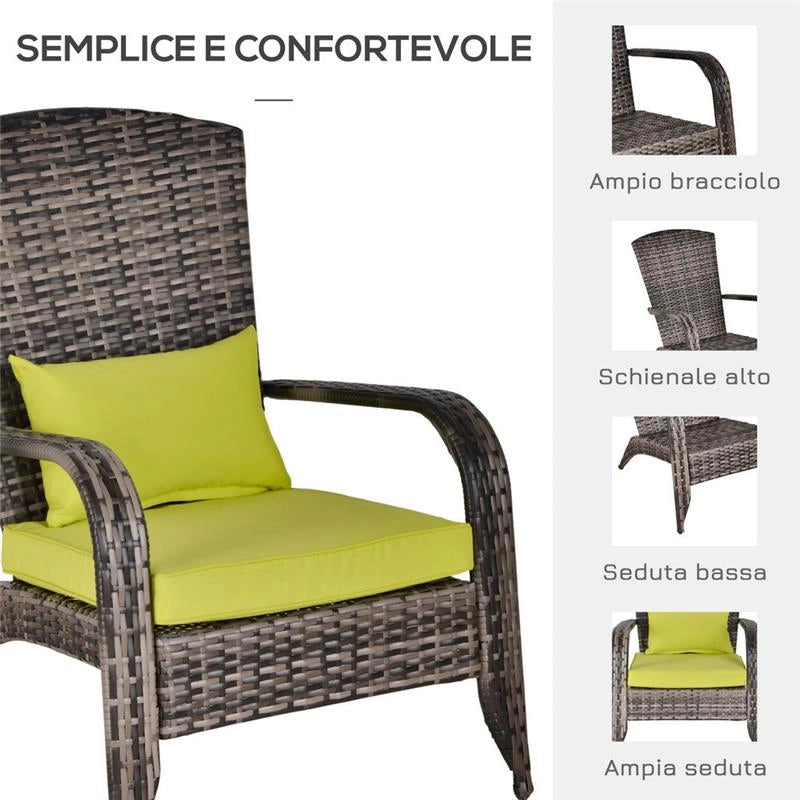 POLTRONA DA GIARDINO IN RATTAN CON BRACCIOLI E CUSCINI IMBOTTITI GRIGIA E VERDE