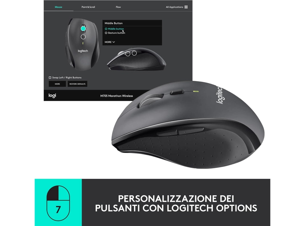 Mouse Wireless Logitech M705 Marathon con Ricevitore USB Unifying 5 Pulsanti Programmabili  Compatibile con PC Mac Laptop Chromebook - Grafite - con Batterie