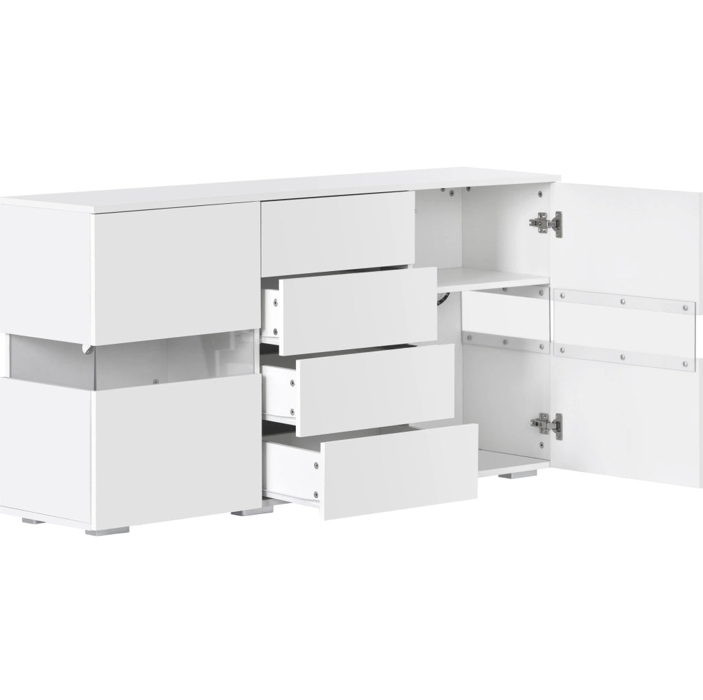 Credenza 140x35x72 cm bianca in MDF, 4 cassetti e LED controllati da app
