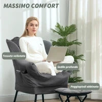 Poltrona Moderna con Poggiapiedi e 2 Tasche Laterali, in Tessuto Effetto Velluto e Acciaio, 80x78x100 cm, Grigio