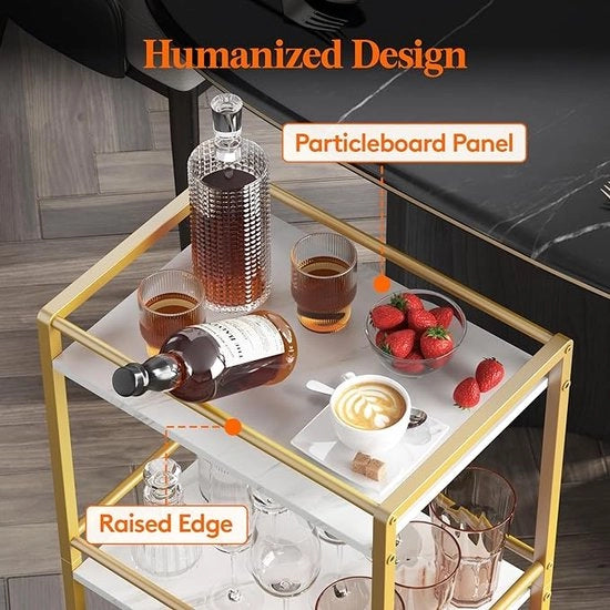 Carrello da Cucina su Ruote - Servizio Tè e Cocktail su Tre Scomparti con Ruote Bloccanti per Cucina, Salotto e Sala da Pranzo