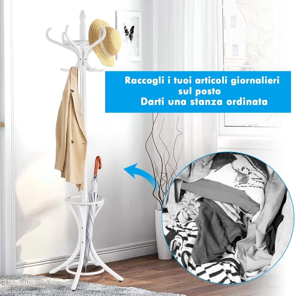 Attaccapanni da Terra Appendiabiti a piedi con 12 ganci in legno ecologico, 51 x 51 x 184 cm (Bianco)