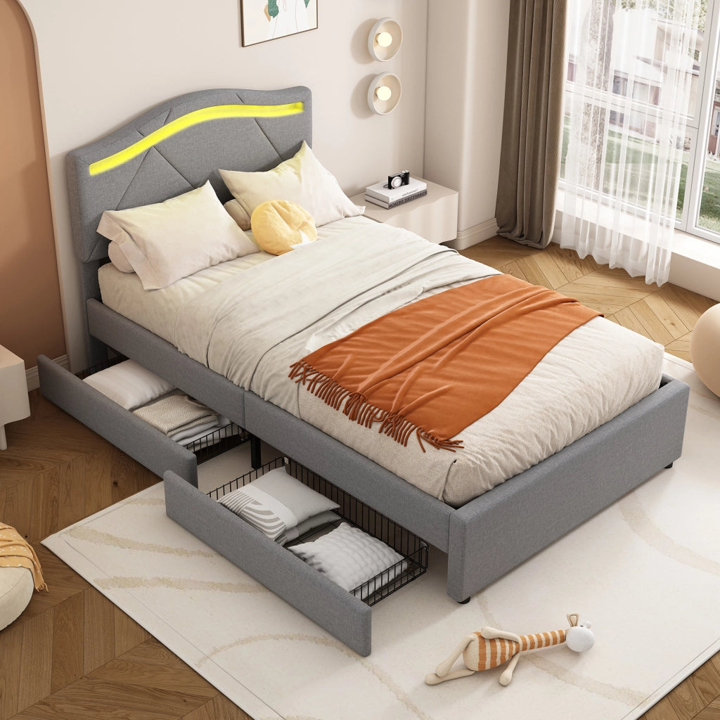 LETTO con LED e 2 cassetti 90x200 cm Lino e MDF Grigio