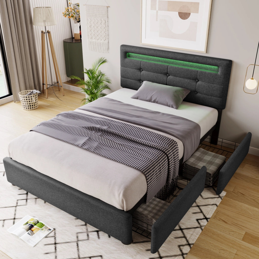 LETTO Singolo 90x200 cm in lino grigio con LED e 2 cassetti