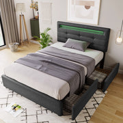 LETTO Singolo 90x200 cm in lino grigio con LED e 2 cassetti