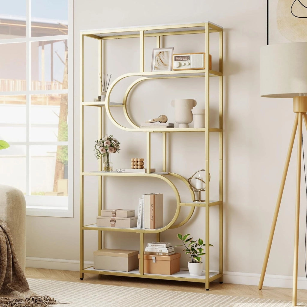 Libreria Geometrica a 8 livelli, scaffale portaoggetti con ripiani aperti in legno, telaio in metallo, kit antiribaltamento, 95 x 30 x 175 cm, per soggiorno, camera da letto, ufficio (bianco)