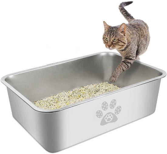 Cassetta per gatti in acciaio inossidabile, grande cassetta metallica, impermeabile all'acqua, inodore e dotata di trattamento antiscivolo, adatta per gatti grandi e piccoli, conigli, 49,5 x 34,5 x 15 cm