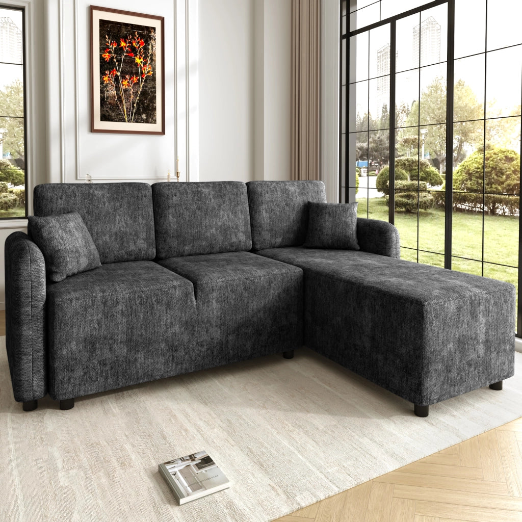 Divano angolare 3 posti - con area relax a L e 2 cuscini - in chenille nera