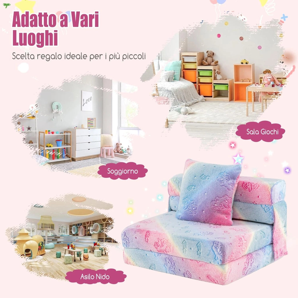 Divano Pieghevole per Bambini, Materasso in Schiuma da Pavimento Luminoso al Buio con Cuscino e Copertura Lavabile in Lavatrice, Letto per Bambina