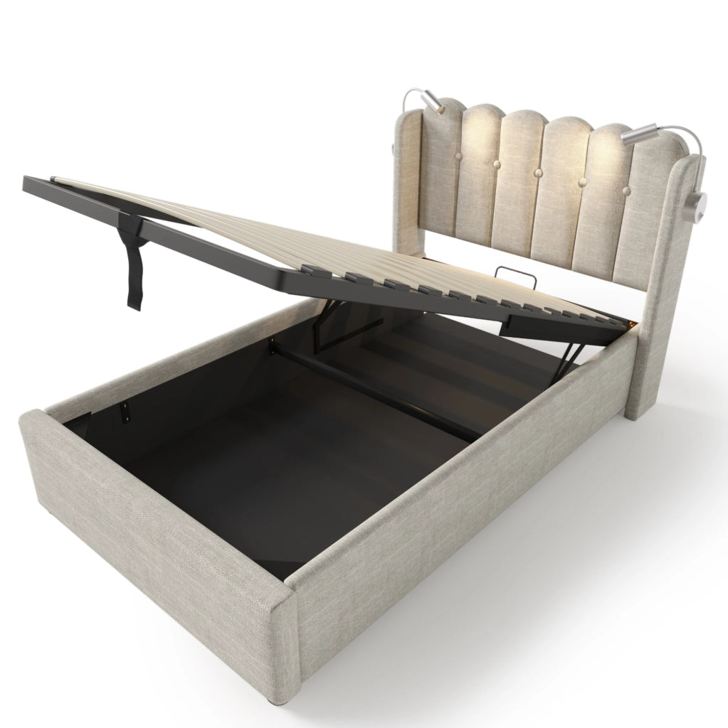 Letto contenitore singolo 90x200 cm con luce da lettura e porta USB; lino naturale