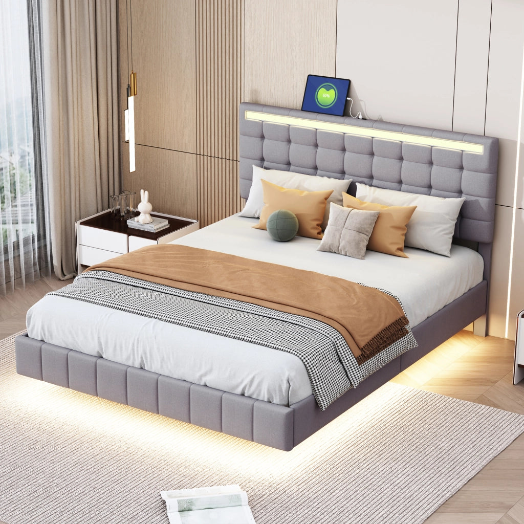 OKWISH Letto Imbottito 140×200 cm, Letto Matrimoniale con Piedini Nascosti, LED Regolabile e Testiera, senza Materasso, Grigio