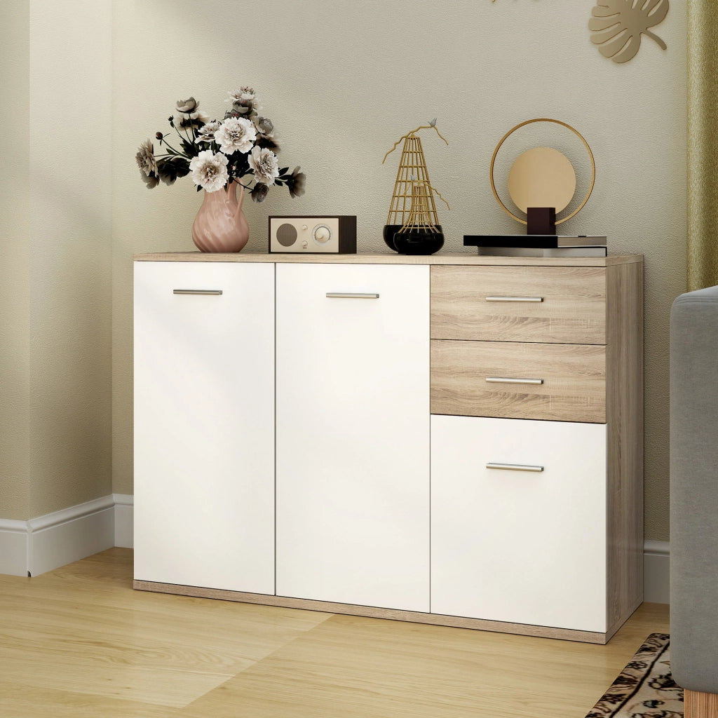 Credenza con 2 cassetti e 3 ante ¨C Xylo ¨C Bianco e legno naturale 106x35x76 cm