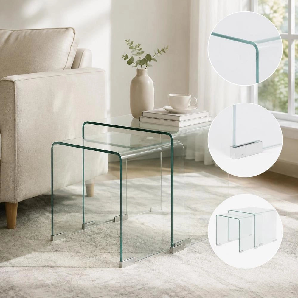Two-piece Nesting Table Set Made Of Tempered Glass Transparent