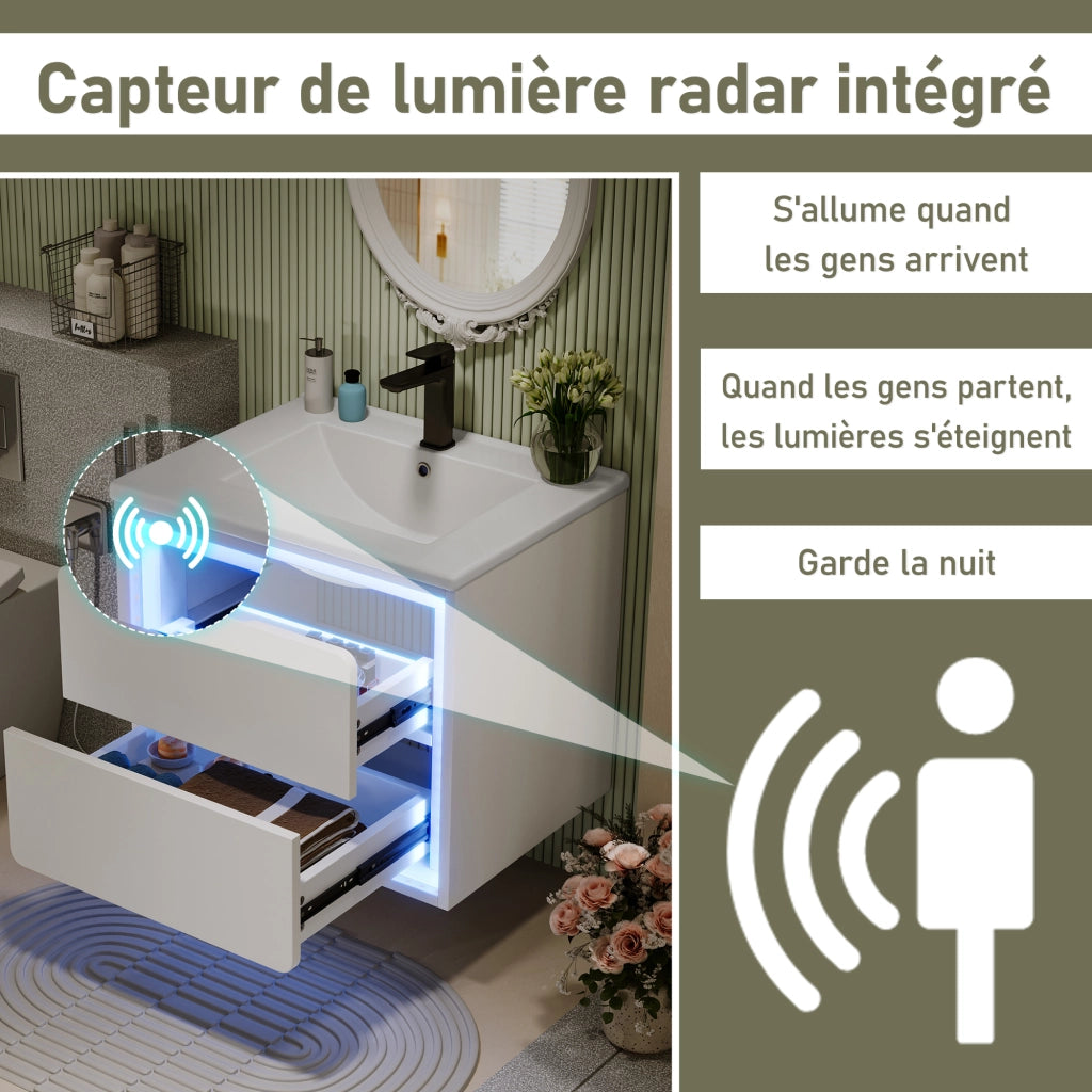 Mobile sottolavabo da bagno con lavabo in ceramica, 2 cassetti, LED con sensore radar, per bagno, bianco 60 × 46 × 50 cm