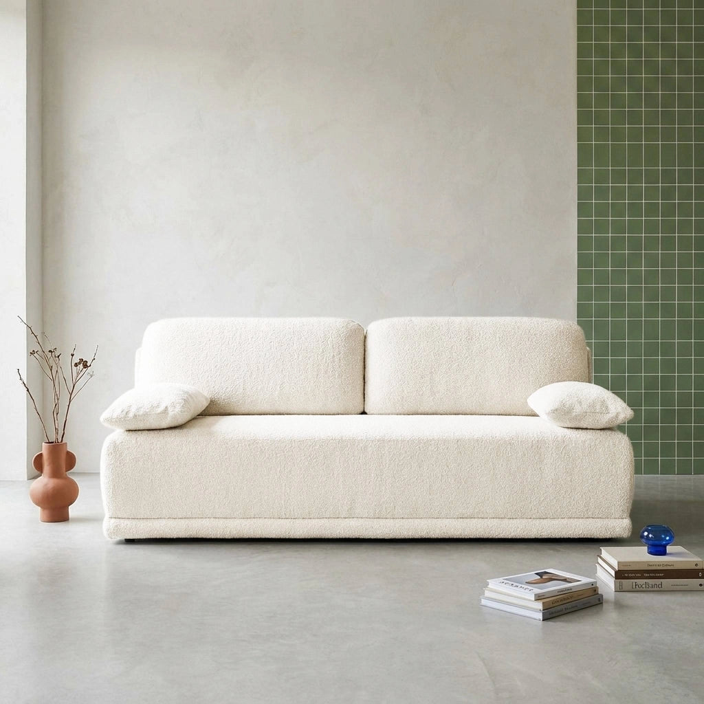 Divano letto bouclé, 3 posti, bianco sporco