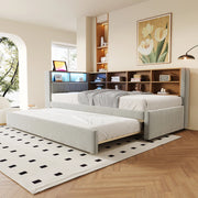 Divano letto multifunzionale 90x200 cm con letto estraibile 90x190 cm, luci LED, prese multimediali, vani contenitore, flanella, grigio chiaro