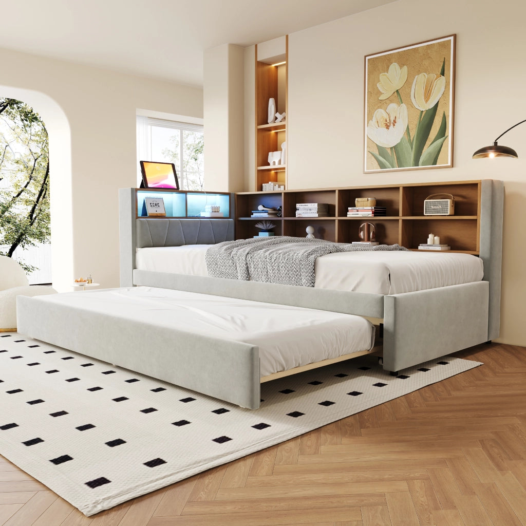 Divano letto multifunzionale 90x200 cm con letto estraibile 90x190 cm, luci LED, prese multimediali, vani contenitore, flanella, grigio chiaro
