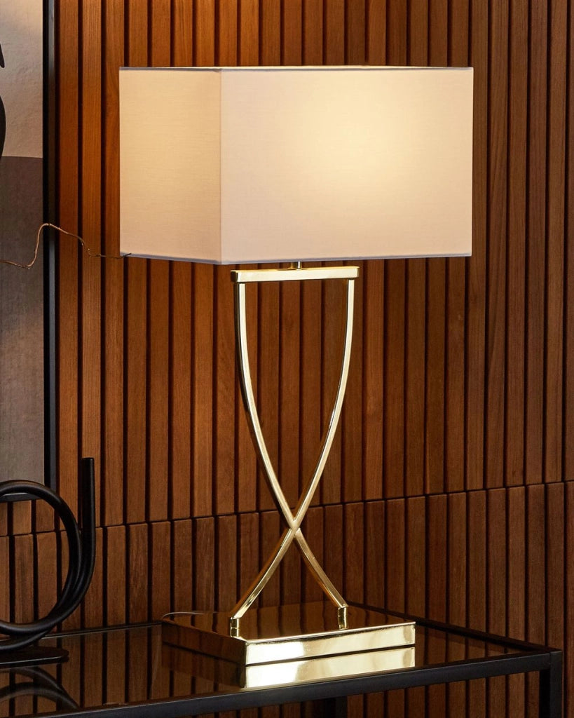 Lampada da Tavolo Metallo dorato Bianco Paralume paralume in policotone Rettangolare 62H cm Soggiorno Moderno