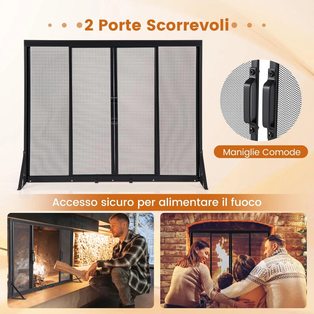 Griglia Parascintille Camino con 2 Pannelli Scorrevoli, Maniglie Convenienti e Telai di Supporto a Triangolo, Ventilazione Eccellente, Schermo per Camino in Rete Metallica (89 x 72 cm)