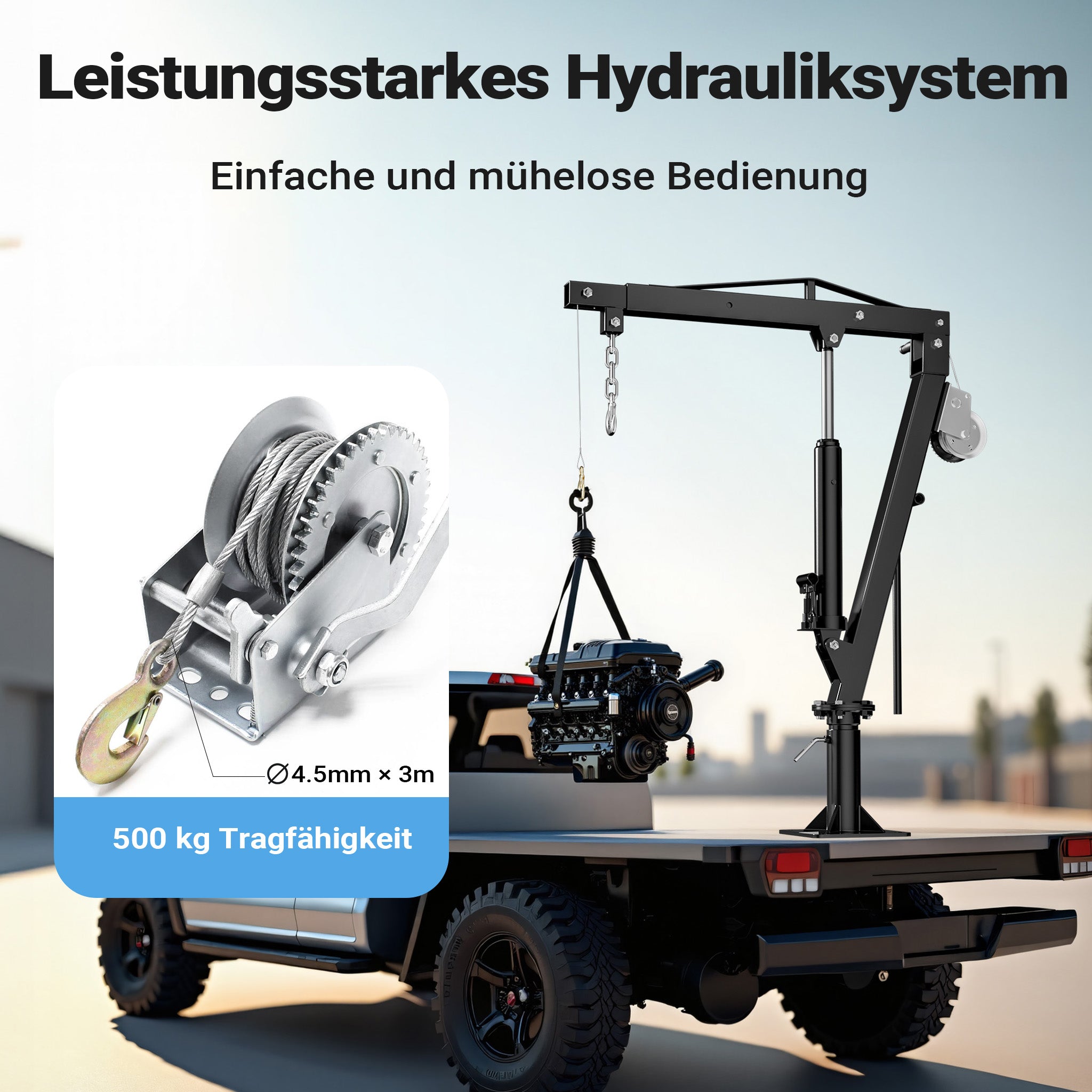 Gruetta per pick up idraulica con verricello max 500 kg 1770 mm girevole a 360° Mini gru di sollevamento