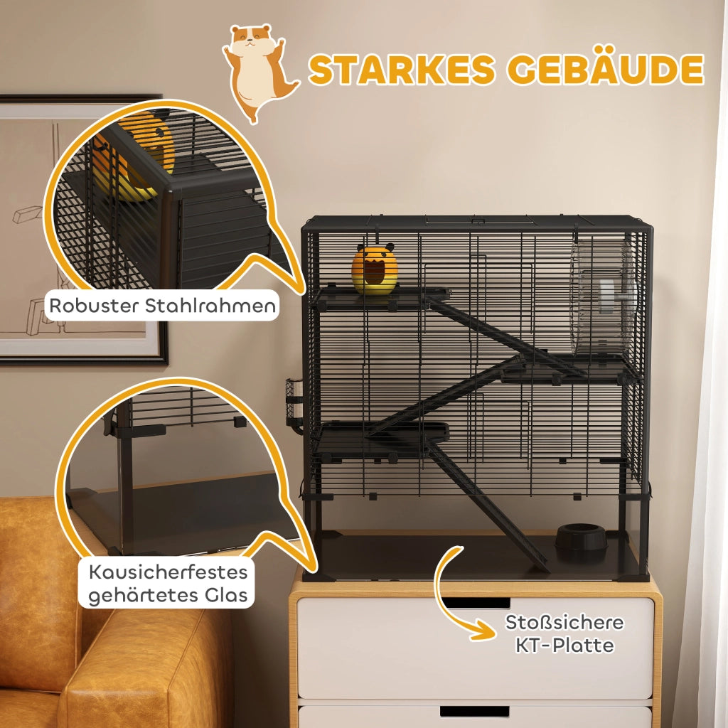 Gabbia per criceti 4 livelli con casetta e accessori ¨C Xylo ¨C nero, vetro, 78x48x80 cm