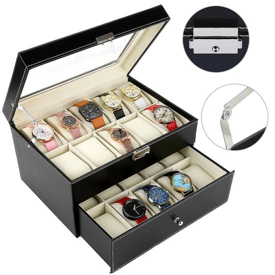 Organizzatore di orologio in pelle con rivestimento in velluto e vetrina per gioielli 20 righi