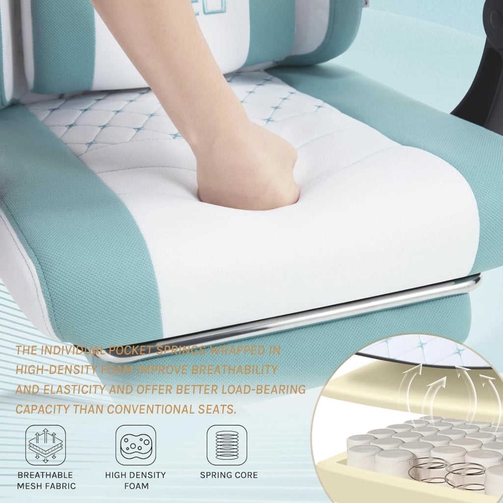 Sedia Gaming con Massaggio, Poltrona Ufficio Ergonomica, Ampia Sedia Girevole Imbottita per Computer con Cuscino Lombare Massaggiante, Carico 150 Kg, Tessuto a rete Bianco+Blu