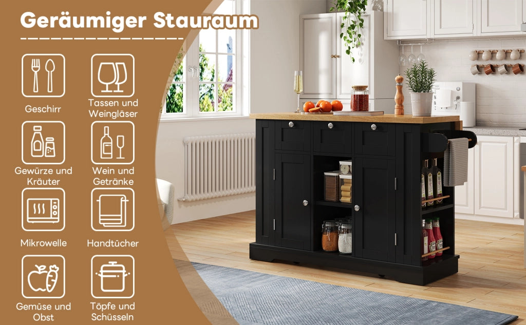 Carrello da cucina con piano ribaltabile e ruote, 3 cassetti, 2 vani con ante, per cucina, in MDF, natural e nero
